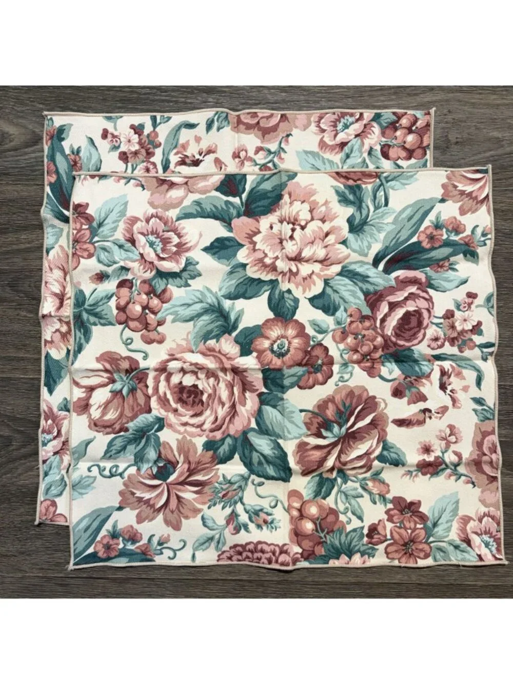 Set 4 Floral Rose Print Cloth Napkins Pink Green Vintage 90s Pastel Cottagecore
